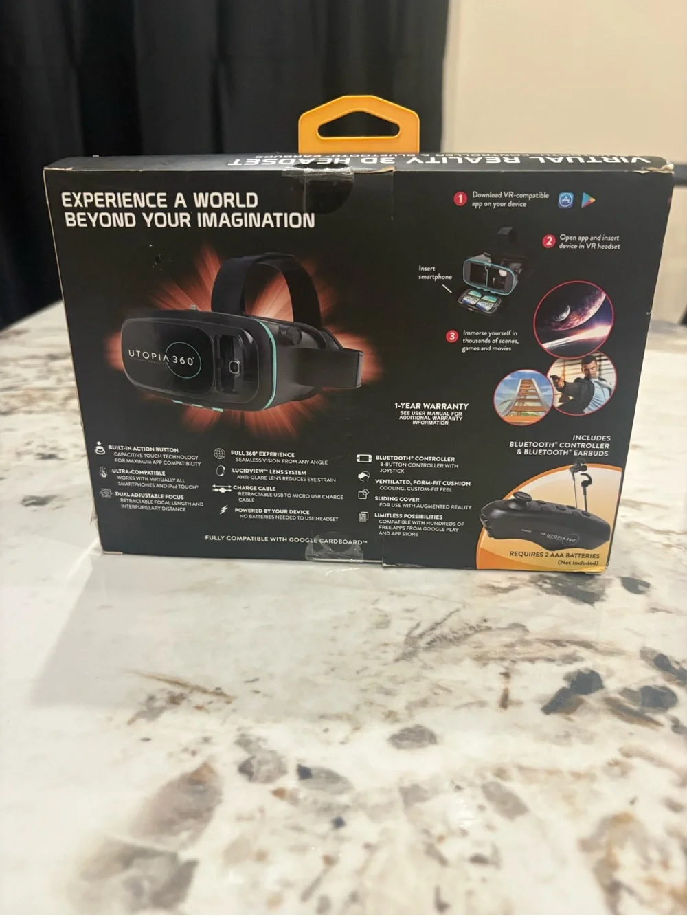 Virtual Reality 3D Headset with Bluetooth Controller & Earbuds - Black